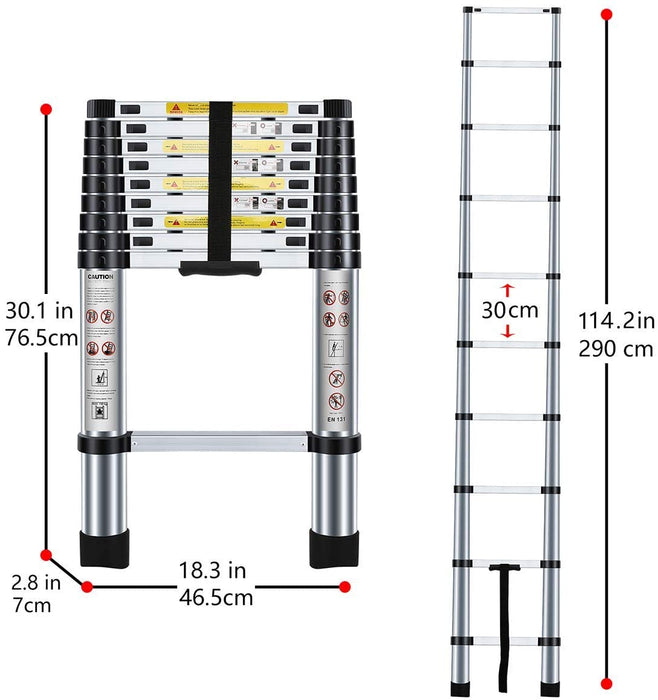 Teleskopleiter 2,9m, Leiter Ausziehbar Aluminium, Mehrstufiger Sicherheitsschalter, Maximale Belastung 150 kg