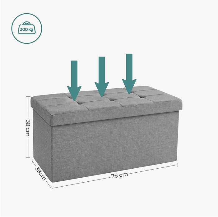 Sitzbank mit Stauraum, Sitztruhe, Sitzhocker, Aufbewahrungsbox, Fußablage, faltbar, belastbar 300 kg, 80 L, 76 x 38 x 38 cm, Leinenimitat, hellgrau