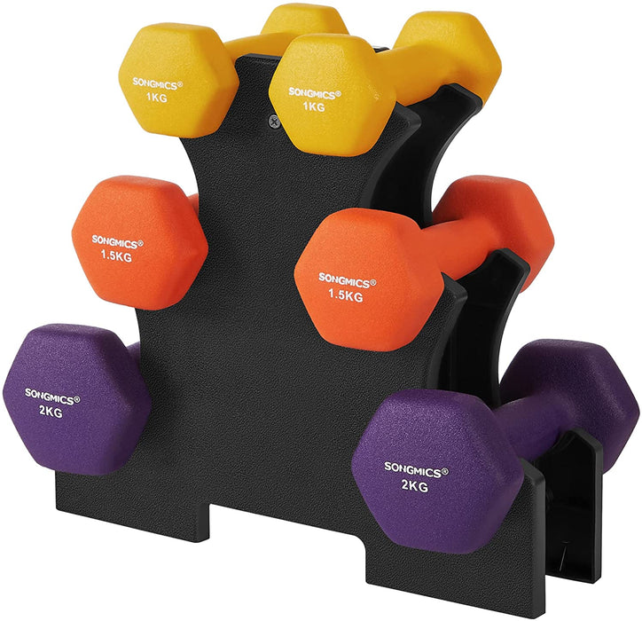 Kurzhantel Set, Hexagon, mit Hantelständer, 2 x 1 kg, 2 x 1,5 kg, 2 x 2 kg, Mattes Finish, Neopren-Beschichtung, Krafttraining, zu Hause