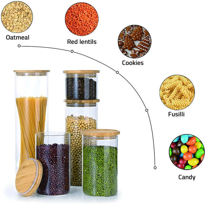 Vorratsdosen aus Glas mit Bambusdeckel, Vorratsgläser, Glasbehälter | inkl. Kreideetiketten und Stift | luftdicht, Spülmaschinenfest, Mottensicher
