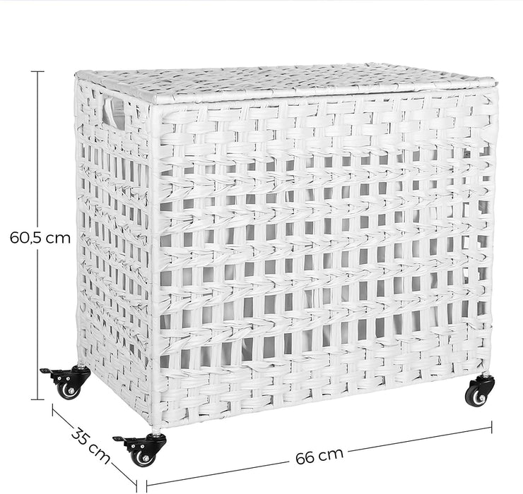 Wäschekorb handgeflochten, Wäschesammler aus Polyrattan, mit 3 Fächern, Deckel und Griffen, herausnehmbare Taschen, Wohnzimmer, Schlafzimmer