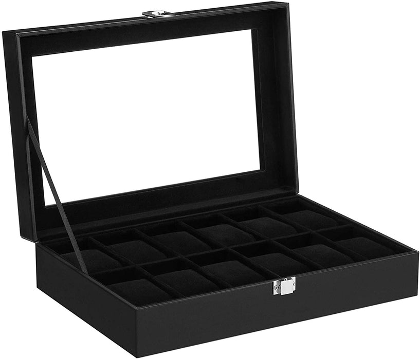 Uhrenbox mit 12 Fächern, Uhrenkasten mit Glasdeckel, Uhrenkoffer mit herausnehmbaren Uhrenkissen, Premium-Uhrenschatulle, PU-Bezug in Schwarz