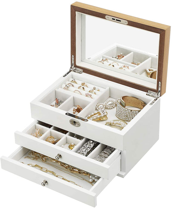 Schmuckkästchen mit 3 Ebenen, Schmuckkasten aus Holzwerkstoff, Schmuck-Organizer, Schmuckbox, mit Schubladen, für Ringe, Ohrringe, Armbänder und Halsketten, Weihnachten, weiß