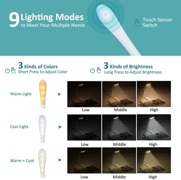 Leselampe Buch Klemme, Touch Switch Klemmlampe USB Wiederaufladbar, 7 LEDs Buchlampe mit 3 Farbtemperatur, 360° Flexibel Augenschutz Mini Dimmbar
