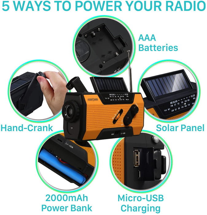 Tragbares Radio 2000mAh (Modell- A1) Solar/Handkurbel/Batteriebetrieben Notfall Kurbelradio Externer Akku mit USB-Ladeanschluss, SOS und LED Taschenlampe für Wandern,  Notfallradio