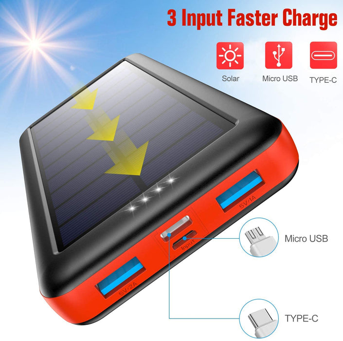 Solar Powerbank 26800mAh -【Drei Wahlmöglichkeiten für Type-C, Micro USB oder Solarpanel-Eingänge】- Solarladegerät Externer Akku Power Bank Backup