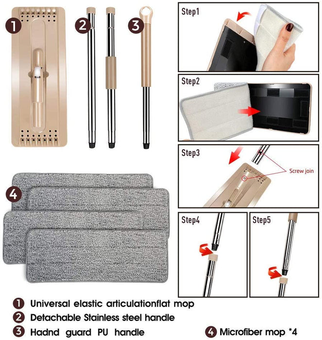 Wischmopp und Putzeimer Set - Zwei-Kammer Putzset mit Flacher Bodenwischer für Nass-Trockennutzung - 6 Wiederverwendbare Pads Enthalten