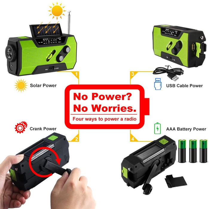 Kurbelradio mit Handyladefunktion Solar, FORNORM Tragbares Notfallradio Powerbank mit Taschenlampe und USB Ladegerät, AM/FM/NOAA, 4 Modi Aufladen, SOS Alarm für Wandern Camping Ourdoor, Grün