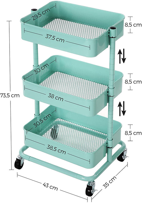 Rollwagen mit 3 Ebenen, Aufbewahrungswagen, Küchenregal mit Rollen, Ablagefächer höhenverstellbar, Servierwagen mit 2 Bremsen, einfache Montage