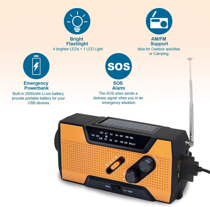 Solar Dynamo Kurbel Radio FM AM, Tragbares Multifunktion Outdoor Novelty Notfallradio mit 2000mAh als Power Bank/Leselampe Alarm/SOS Signal