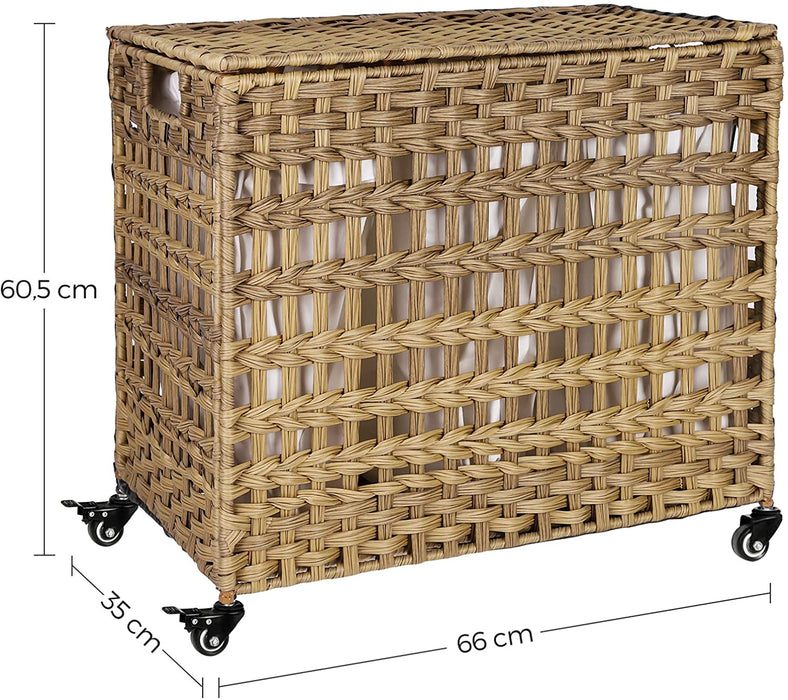 Wäschekorb handgeflochten, Wäschesammler aus Polyrattan, mit 3 Fächern, Deckel und Griffen, herausnehmbare Taschen, Wohnzimmer, Schlafzimmer