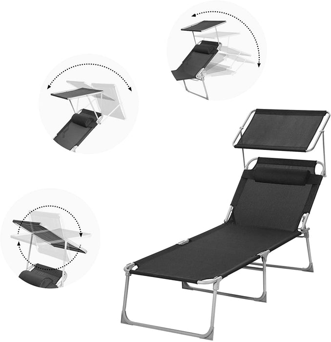 Sonnenliege, Liegestuhl, Gartenliege, extra groß, 71 x 200 x 38 cm, bis 150 kg belastbar, mit Kopfstütze und Sonnendach, Rückenlehne verstellbar