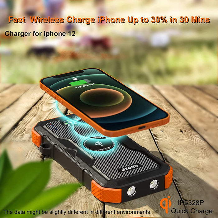 Solar Power Bank 30000mAh, 10W Qi Wireless Solar Charger with LED Light, 18W Quick Charge Portable Charger USB C Input, Waterproof Backup Battery Pack for Smartphone Tablet Outdoor