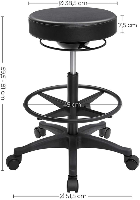 Bürohocker, ergonomischer Arbeitshocker, Sitzhocker, 360° Drehstuhl, höhenverstellbar, 59,5-81 cm, verstellbare Fußstütze, schwarz