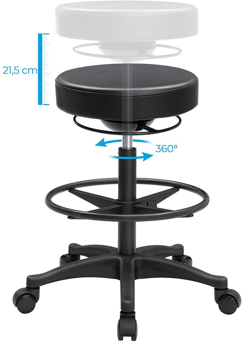 Bürohocker, ergonomischer Arbeitshocker, Sitzhocker, 360° Drehstuhl, höhenverstellbar, 59,5-81 cm, verstellbare Fußstütze, schwarz