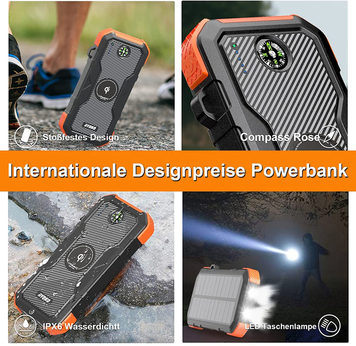 Solar Power Bank 30000mAh, 10W Qi Wireless Solar Charger with LED Light, 18W Quick Charge Portable Charger USB C Input, Waterproof Backup Battery Pack for Smartphone Tablet Outdoor