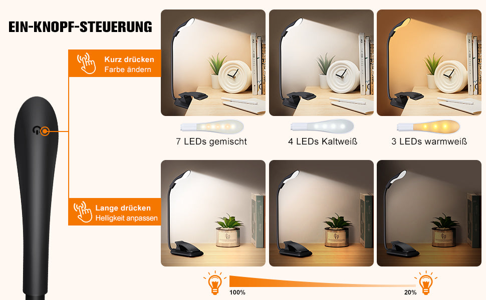 Leselampe Buch Klemme, Touch Switch Klemmlampe USB Wiederaufladbar, 7 LEDs Buchlampe mit 3 Farbtemperatur, 360° Flexibel Augenschutz Mini Dimmbar