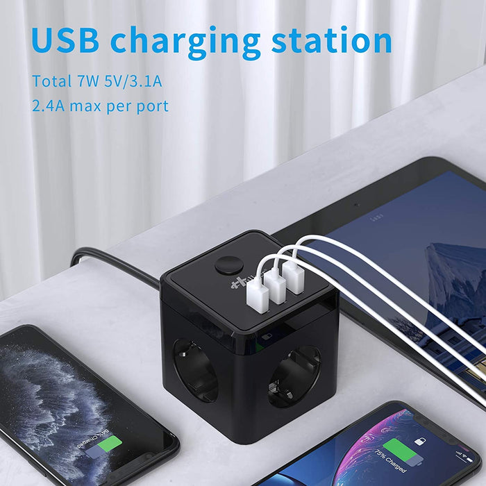 Steckdosenleiste mit USB, Würfel Steckdosenleiste 3 Fach Steckdose 3 USB 5V 3.1A Mehrfachsteckdose mit USB Kurzschlussschutz 1,8M Kabel