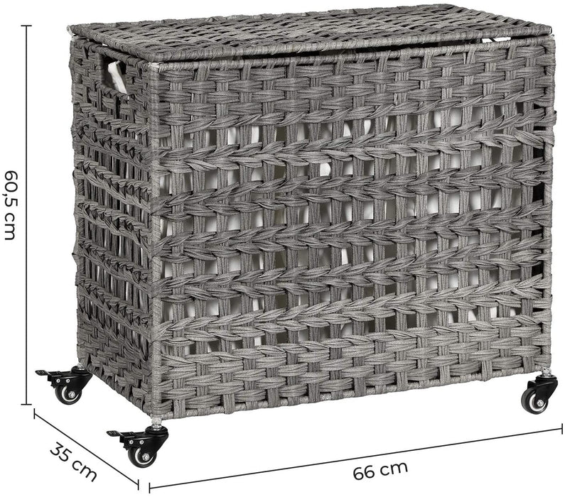 Wäschekorb handgeflochten, Wäschesammler aus Polyrattan, mit 3 Fächern, Deckel und Griffen, herausnehmbare Taschen, Wohnzimmer, Schlafzimmer