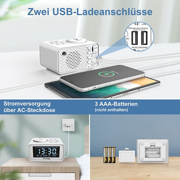 REACHER FM Radiowecker mit USB-Anschlüssen, Dual Alarm mit Wochentag/Wochenend, 6 Weckergeräusche, Anpassbare Helligkeitsregulierung