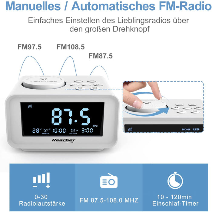 REACHER FM Radiowecker mit USB-Anschlüssen, Dual Alarm mit Wochentag/Wochenend, 6 Weckergeräusche, Anpassbare Helligkeitsregulierung