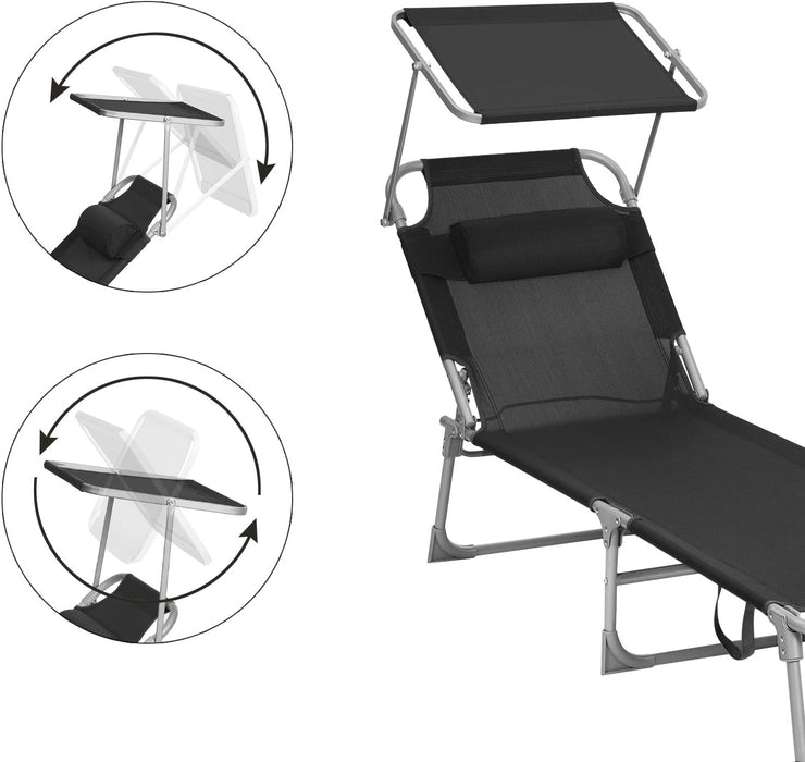Sonnenliege, Liegestuhl, Gartenliege, mit Kopfstütze und Sonnendach, Rückenlehne verstellbar, leicht, klappbar, 53 x 193 x 29,5 cm, bis 150 kg