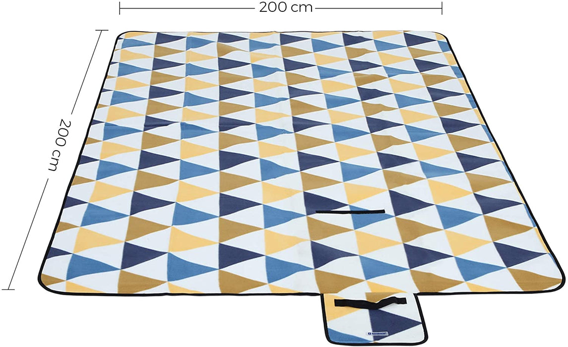 Picknickdecke, 200 x 200 cm, Stranddecke, für Outdoor, Camping, Park, Garten, wasserfeste Unterseite, faltbar, gelbe und Blaue Dreiecke