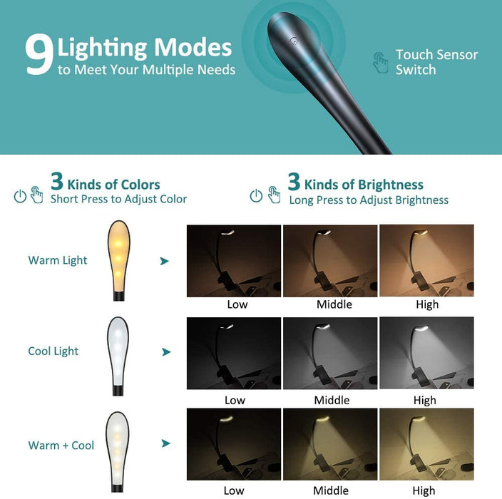 Leselampe Buch Klemme, Touch Switch Klemmlampe USB Wiederaufladbar, 7 LEDs Buchlampe mit 3 Farbtemperatur, 360° Flexibel Augenschutz Mini Dimmbar