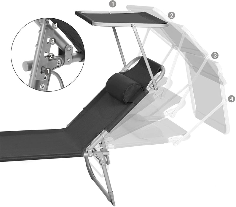 Sonnenliege, Liegestuhl, Gartenliege, mit Kopfstütze und Sonnendach, Rückenlehne verstellbar, leicht, klappbar, 53 x 193 x 29,5 cm, bis 150 kg