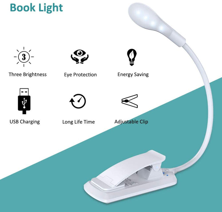 Leselampe Buch Klemme, Touch Switch Klemmlampe USB Wiederaufladbar, 7 LEDs Buchlampe mit 3 Farbtemperatur, 360° Flexibel Augenschutz Mini Dimmbar