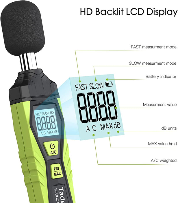 Schallpegelmessgerät, Tadeto Digital Tragbare Schallpegelmesser 30dB bis 130dB mit LCD-Display A/C Gewichtet für Heimwerkstätten