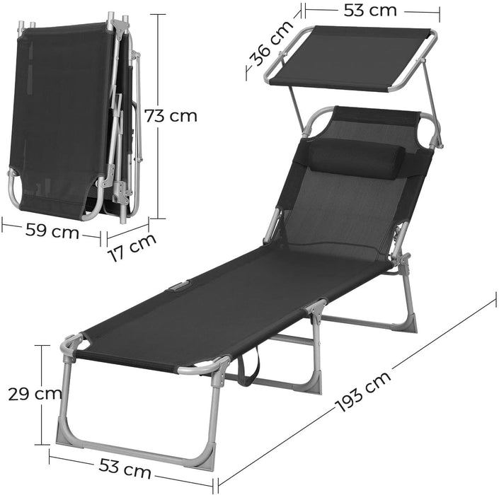 Sonnenliege, Liegestuhl, Gartenliege, mit Kopfstütze und Sonnendach, Rückenlehne verstellbar, leicht, klappbar, 53 x 193 x 29,5 cm, bis 150 kg