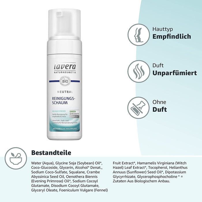 lavera Neutral Reinigungsschaum - Bio Nachtkerze - Sanfte Gesichtsreinigung - empfindliche Haut - Neurodermitis - Medizinische Hautpflege - vegan - Bio Pflanzenwirkstoffe - Naturkosmetik - 150 ml