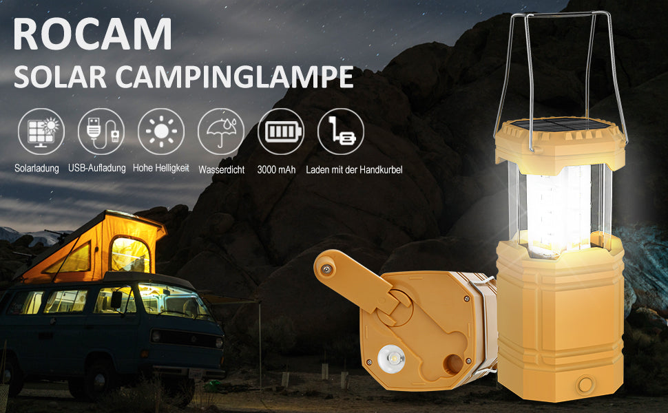 LED Campinglampe Solar, Wasserdicht LED Camping Laterne, Notfallleuchte mit Handkurbel, Eingebaute 3000mAh Akku für Wandern, Angeln, SOS, Ausfälle