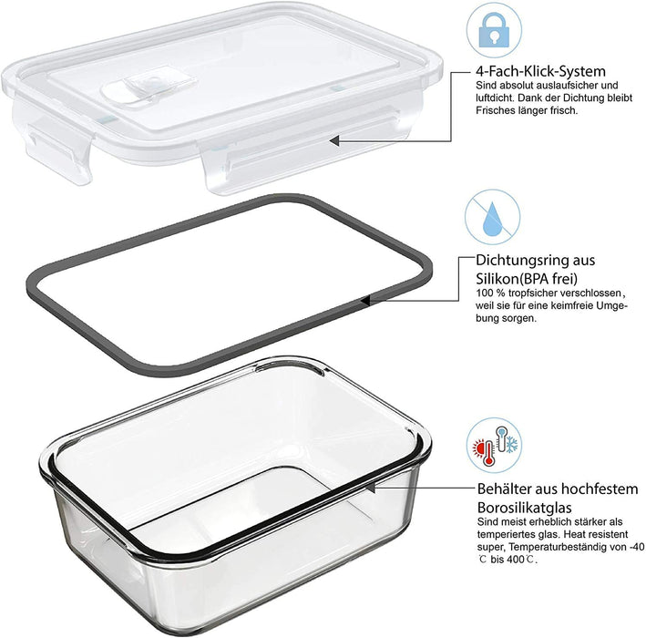 Lunchbox Bento Brotdose mit Lunchtasche/Frischhaltedosen Glas perfekt für Meal Prep - BPA frei für Home Küche oder den Gebrauch unterwegs(5 * 840ml)