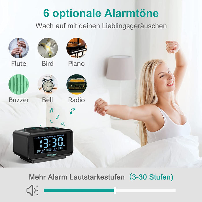 Radiowecker, REACHER FM Digitaler Wecker mit USB-Anschlüssen,Dual-Alarm,6 Wecker Geräusche,0-100% Dimmer, Schlummerfunktion, Thermometer Anzeige