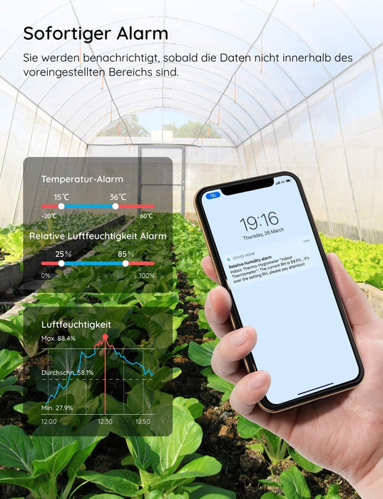 Thermometer Hygrometer, Mini LCD Digital mit Benachrichtigungs Alarm, Hygrometer Temperatur mit APP, Datenspeicherung für Gewächshaus Weinkeller