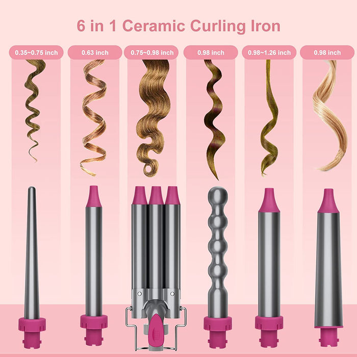 Lockenstab Set, 6 in 1 Austauschbarer 6 Fässer Curling Iron Welleisen Multifunktions Keramikbeschichtung Lockenstäbe Erbrühschutzkopf