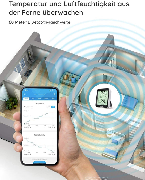 Thermometer Hygrometer, Mini LCD Digital mit Benachrichtigungs Alarm, Hygrometer Temperatur mit APP, Datenspeicherung für Gewächshaus Weinkeller