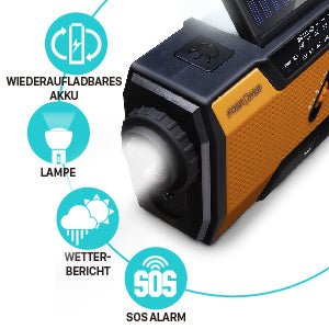 Tragbares Radio 2000mAh (Modell- A1) Solar/Handkurbel/Batteriebetrieben Notfall Kurbelradio Externer Akku mit USB-Ladeanschluss, SOS und LED Taschenlampe für Wandern,  Notfallradio