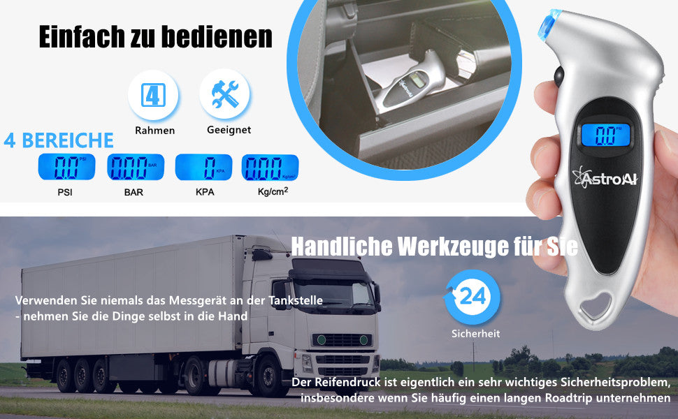 Reifendruck Prüfer Digitaler Luftdruckprüfer mit Großem LCD-Display für Autos, Geländewagen, Transporter, Sprinter, LKW, Fahrräder (mit Autoventilen)