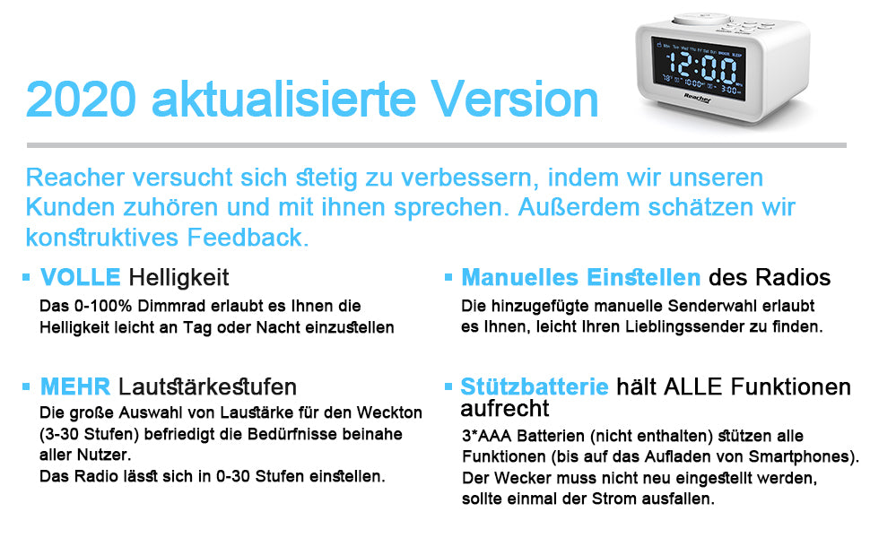 REACHER FM Radiowecker mit USB-Anschlüssen, Dual Alarm mit Wochentag/Wochenend, 6 Weckergeräusche, Anpassbare Helligkeitsregulierung