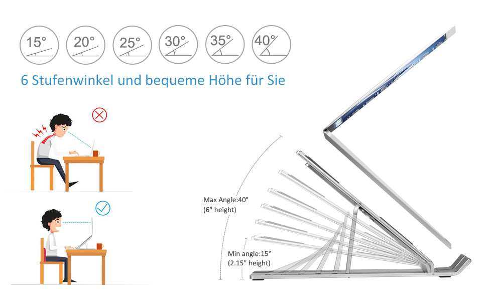 Laptop Ständer, 6-Stufe Höhenverstellbar Laptop Stand, Faltbarer Aluminium-Riser, Tragbar Belüfteter Notebook Ständer Kompatibel mit 10-15,6 ” Laptop