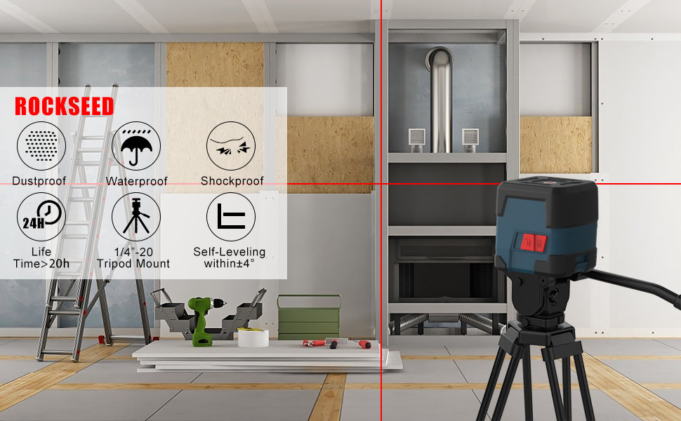 Kreuzlinienlaser, RockSeed 15M ± 0,2 mm/m Selbstnivellierend Linienlaser, 1m Stoßfest Drehbar Vertikale/Horizontale Roter Laser Level, IP54