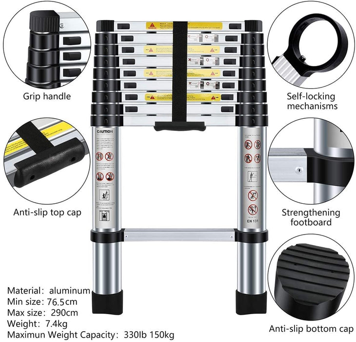 Teleskopleiter 2,9m, Leiter Ausziehbar Aluminium, Mehrstufiger Sicherheitsschalter, Maximale Belastung 150 kg