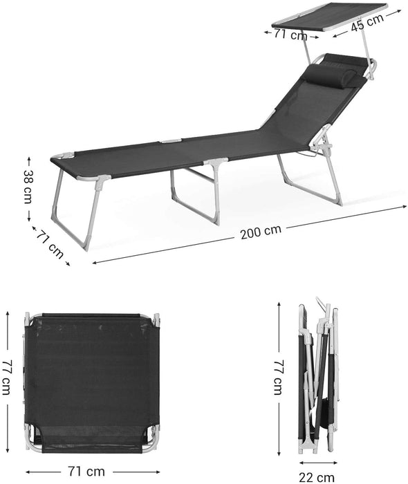 Sonnenliege, Liegestuhl, Gartenliege, extra groß, 71 x 200 x 38 cm, bis 150 kg belastbar, mit Kopfstütze und Sonnendach, Rückenlehne verstellbar