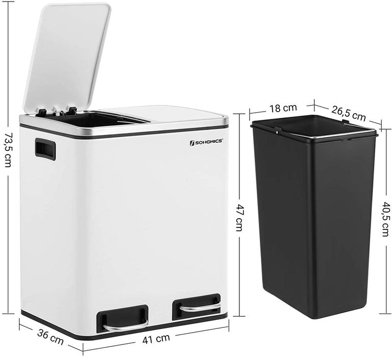 Mülleimer für die Küche, 30 L, Mülltrennung, Abfalleimer aus Metall, Treteimer mit Inneneimern und Griffen, Mülltrennsystem, 2 x 15 Liter, Softclose