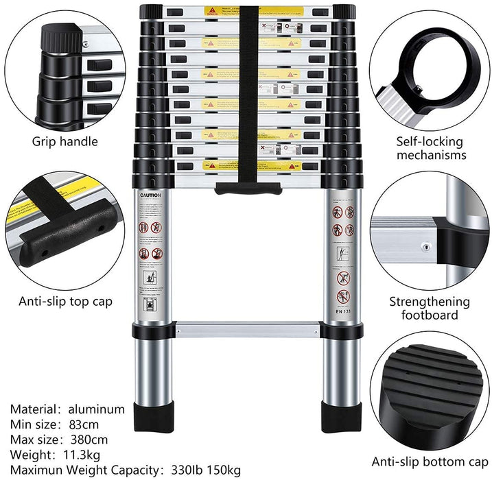 Teleskopleiter 3,8m, Leiter Ausziehbar Aluminium, Mehrstufiger Sicherheitsschalter, Maximale Belastung 150 kg