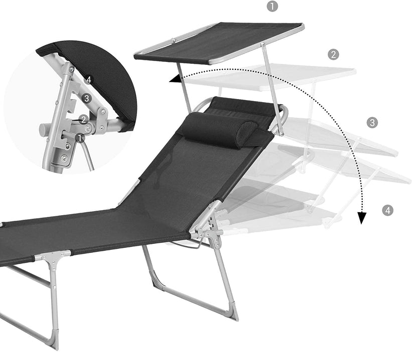 Sonnenliege, Liegestuhl, Gartenliege, extra groß, 71 x 200 x 38 cm, bis 150 kg belastbar, mit Kopfstütze und Sonnendach, Rückenlehne verstellbar