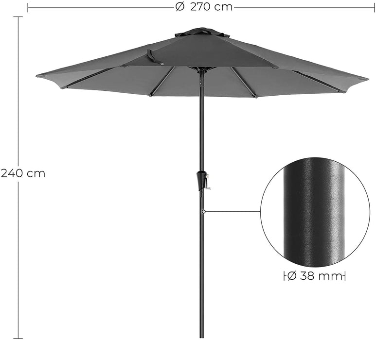 Sonnenschirm, Ø 270 cm, Gartenschirm, Marktschirm, UV-Schutz bis UPF 50+, Terrassenschirm, Sonnenschutz, knickbar, mit Kurbel, ohne Ständer, Garten, Balkon, Terrasse, grau